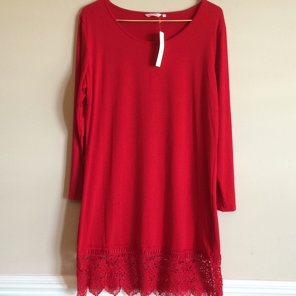 Miyang Dresses & Skirts - NWT Red Dress/Tunic with Lace Bottom Hem